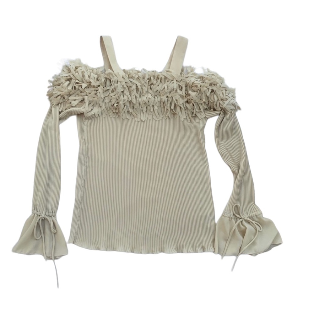 Kaelyn Max Tan Cold Shoulder Bell Sleeves Fringe Neck Blouse Women’s 3X